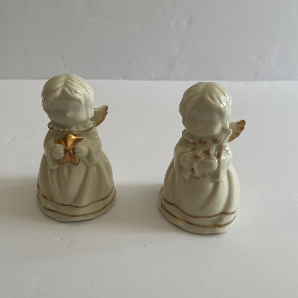 Vintage Angel Bell Figurines 3.5" Pair Ivory with Gold Accents Christmas Decor